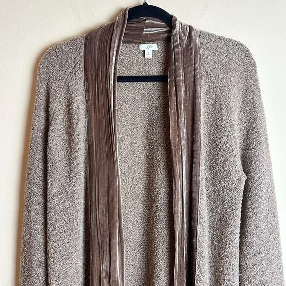J. Jill Velvet Trim Merino Wool Silk Blend Brown Cardigan Duster Size Medium - Picture 3 of 16